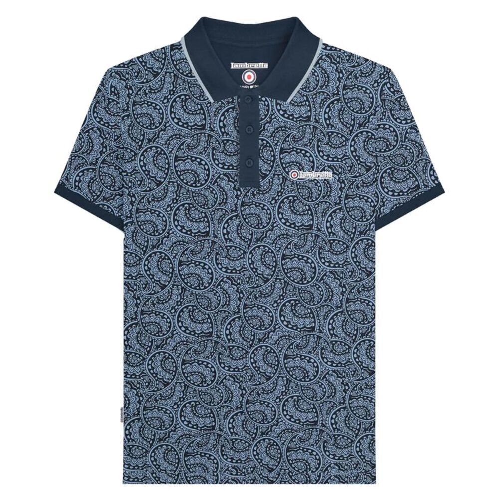 Lambretta Mens AW24 Paisley Tonal Polo Shirt / Navy/Dusky Blue